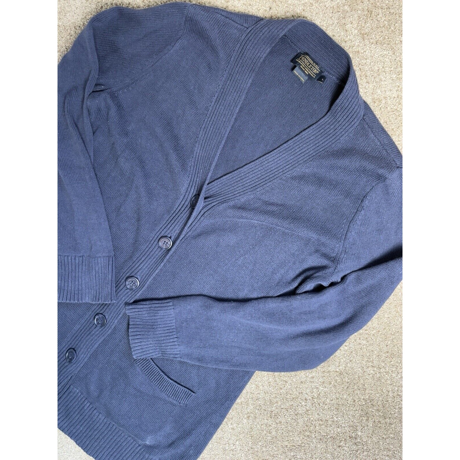 Pendleton Women's Large V Neck Cardigan Sweater Cotton Navy Blue Long Sleeve